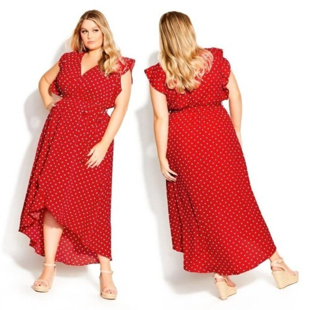 City‎ Chic Women's Polka Dot Print Red Hi-Lo Maxi  Dress